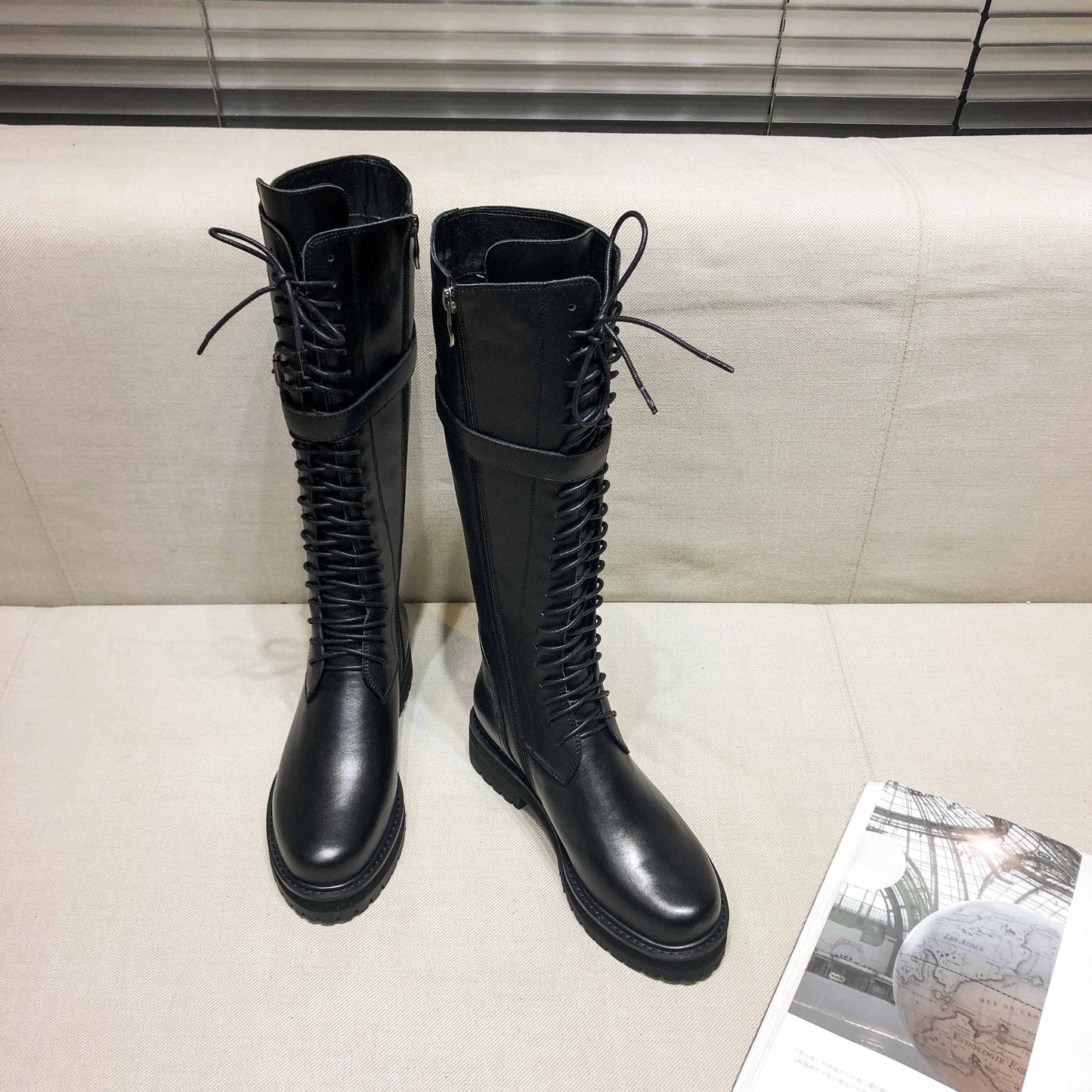 Krazing Pot Big Size Genuine Leather Lace Up Med Heels Round Toe Punk Superstar Riding Boots Buckle Fastener Over-the-knee Boots