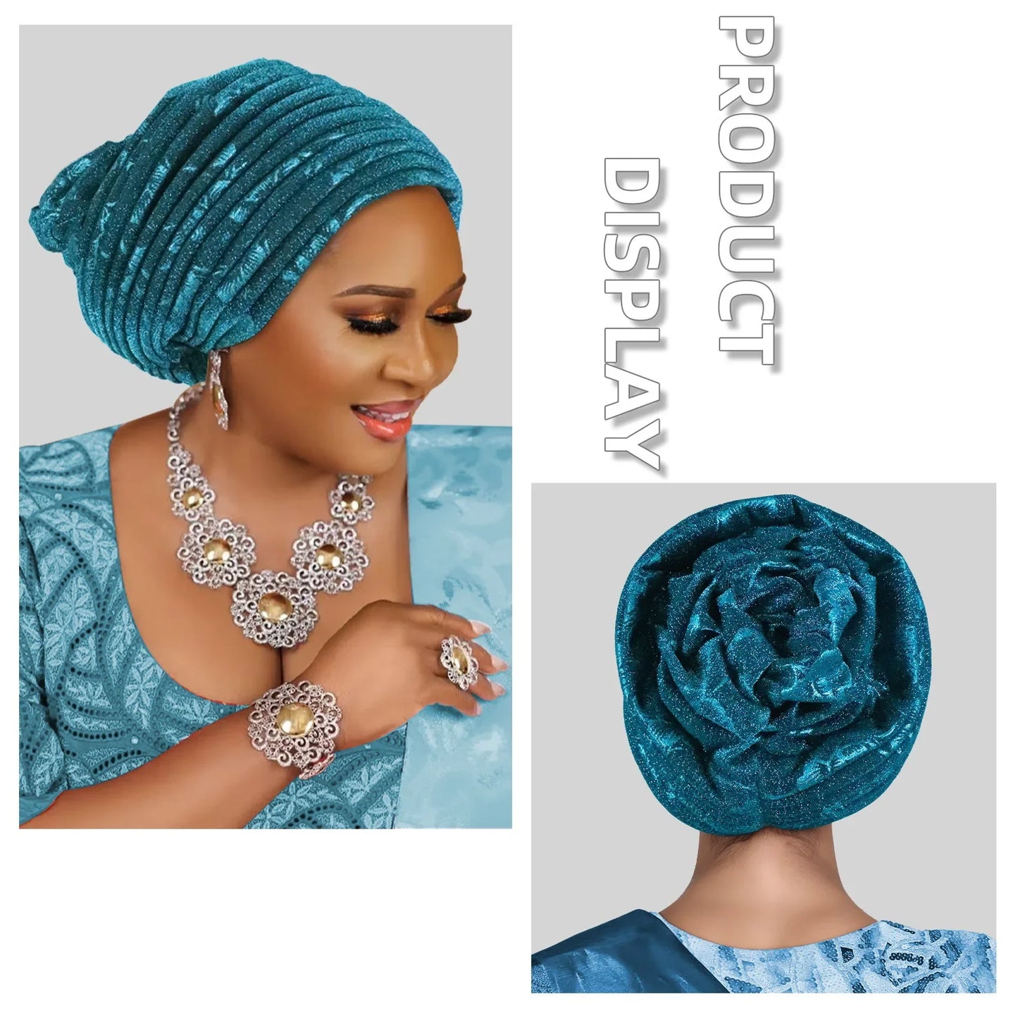 African Lady Headpiece Muslim Headscarf Hat Glitter Fabric Turban Cap for Women Pleated Head Wraps Bonnet