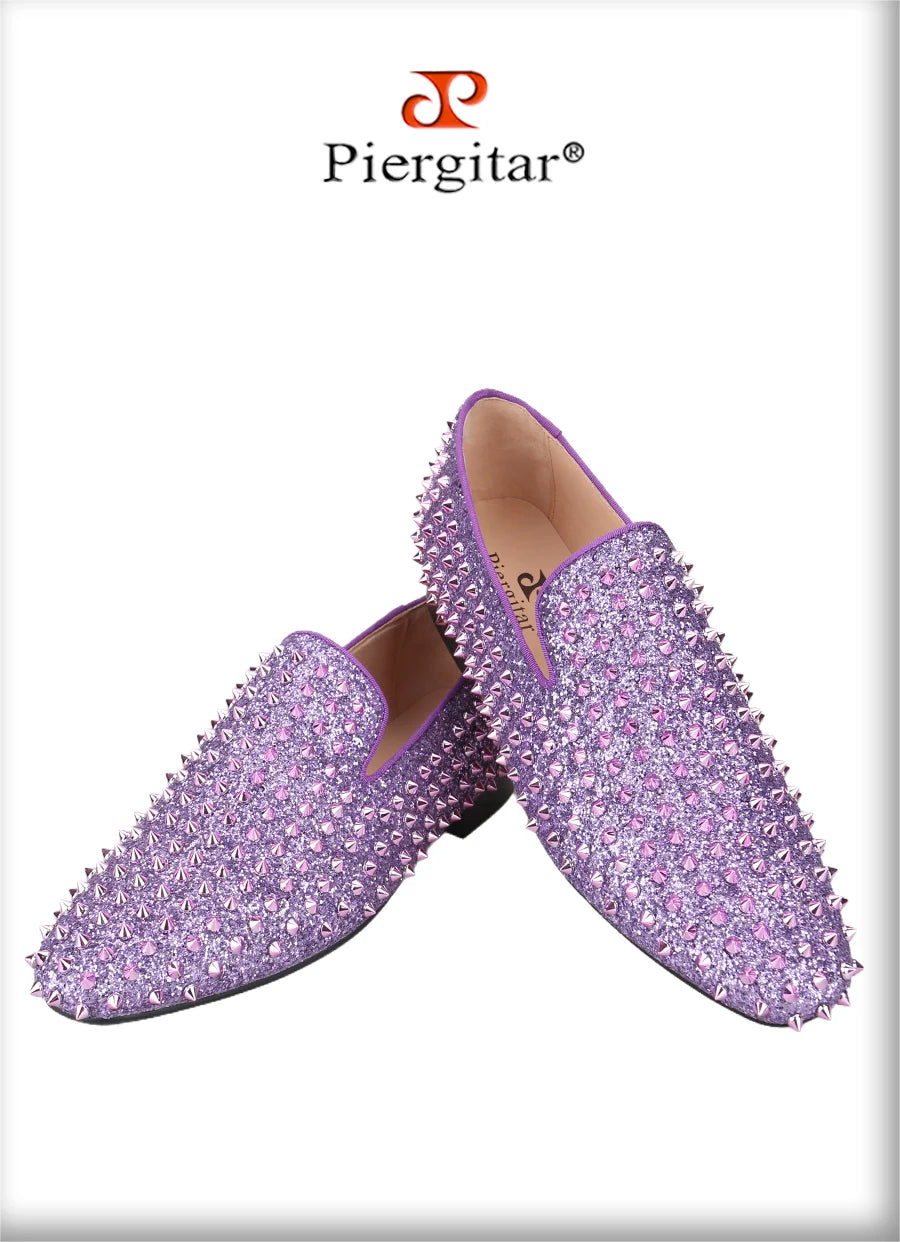 Piergitar Handmade Purple Spikes Men's Loafers For Party and Banquet Wear CL Same Classic Model Red Outsole Slip-On Flats