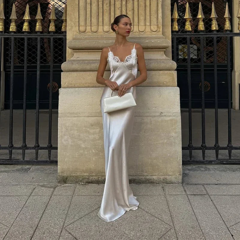 Women V-neck Satin Sling Maxi Dress Sexy White Lace Patchwork Sleeveless Backless Slim Gowns 2026 Evening Party Chic Dresses New