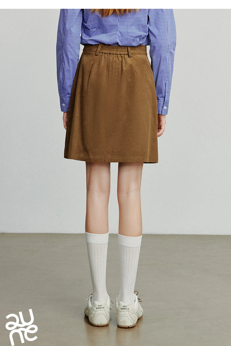 TOYOUTH Women Midi Skirt 2025 Autumn New Retro Corduroy Elastic Waist Pure Cotton A Line Mini Skirt