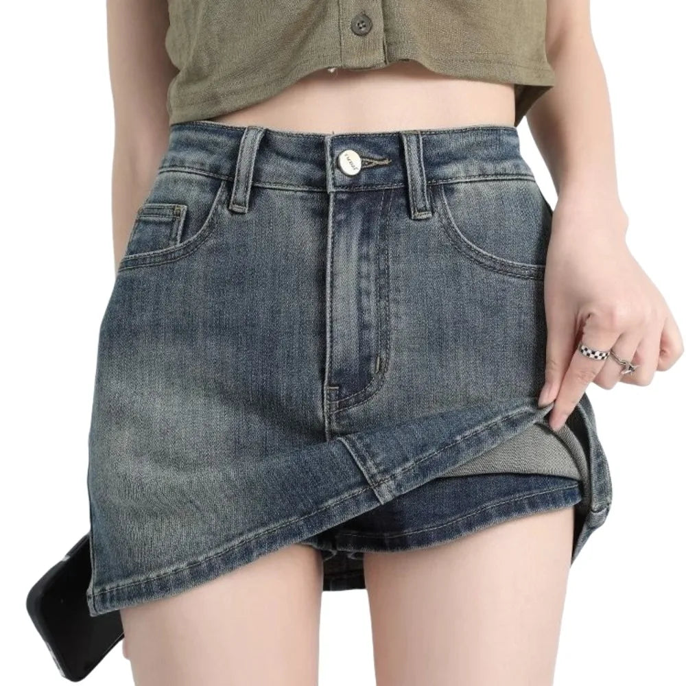 Includes Shorts Pants High Waist a-line Skirt Wide Leg Basic Denim Shorts Skirt Women Streetwear High Waist