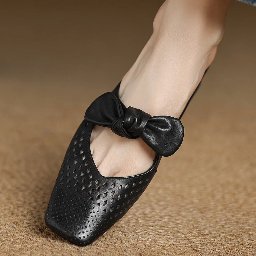2025 Summer new plus size 34-41 women's hollow-out cow leather slip-on flats summer slides sandals sweet bowtie elegant mules