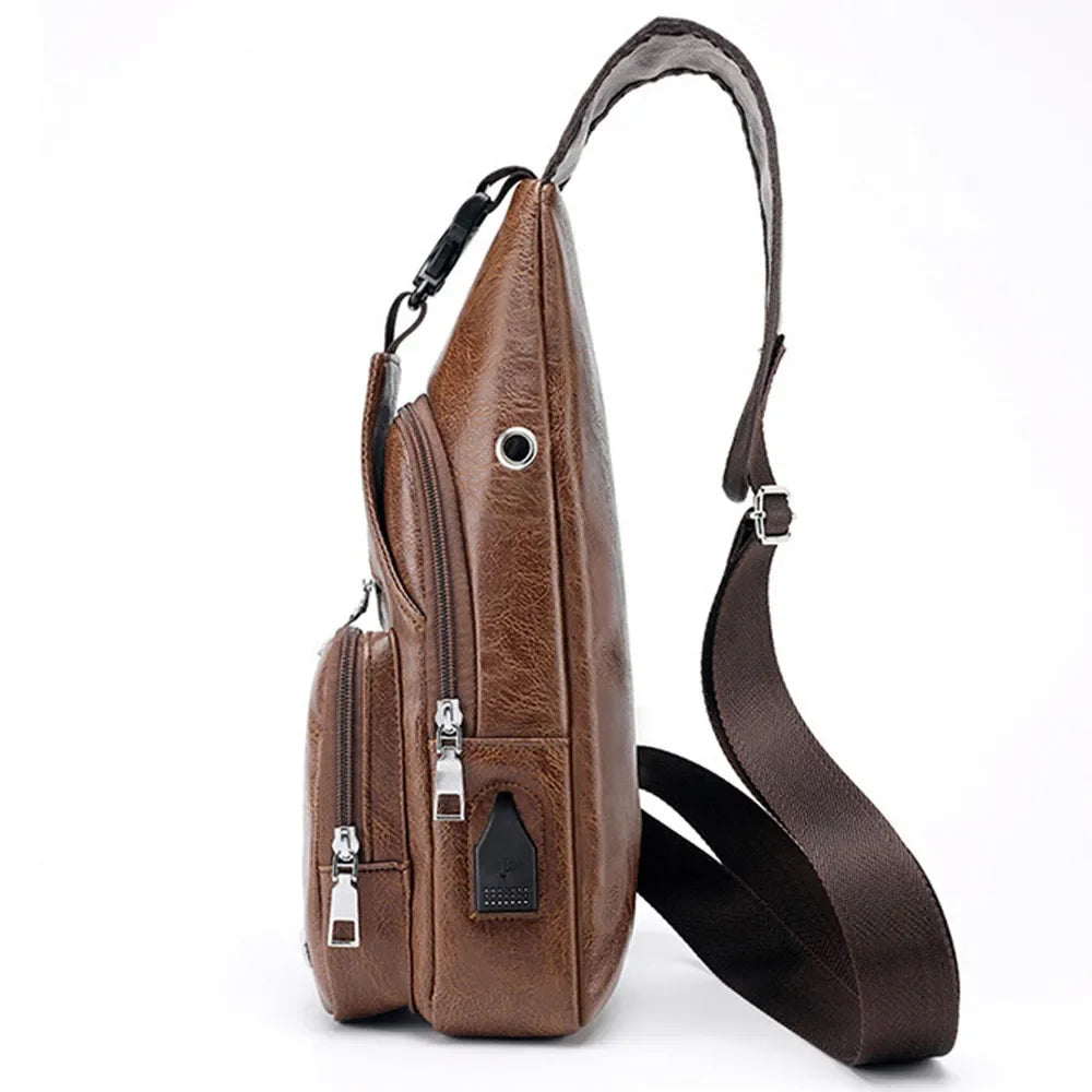 2024 Men's USB Chest Bag Designer Men Messenger Crossbody Package PU Leather Shoulder Bags Package Travel Chest Bag Bolso Hombre