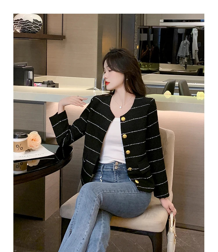 Korean Fashion Casual Small Fragrance Tweed Jacket Coat Women Fall Winter Fried Street Striped Coat Casaco Woolen Outwear Top