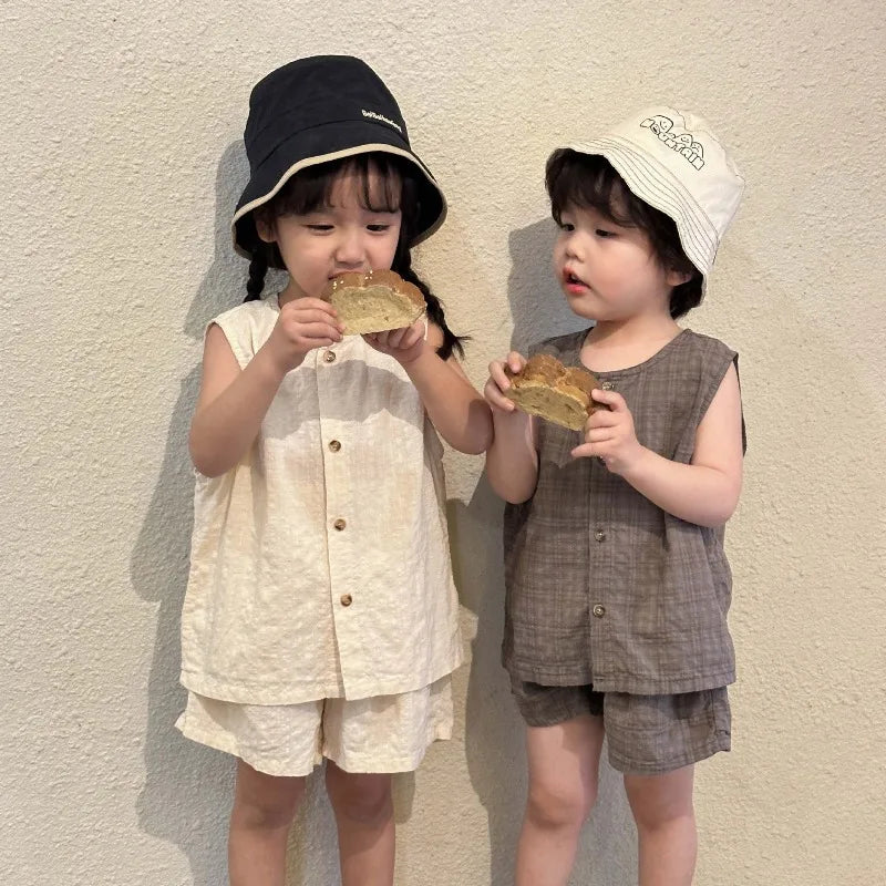 2026 Summer Kids Clothing Set Boys Vest and Shorts 2 Pcs Suit Korean Style Casual Girls Clothes Set Unsex Children Outfit
