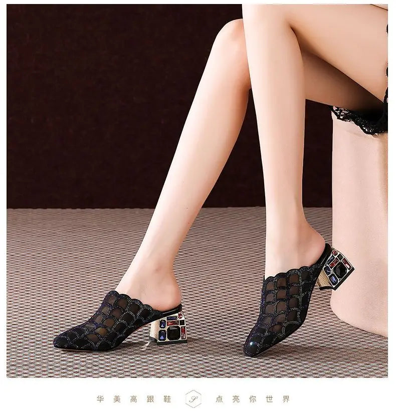 Crystal Half Slippers Female Thick Heels 2023 New Summer Fashion Outside Wear Medium Heel Mesh Cool Female Soft  Baotou Sandals