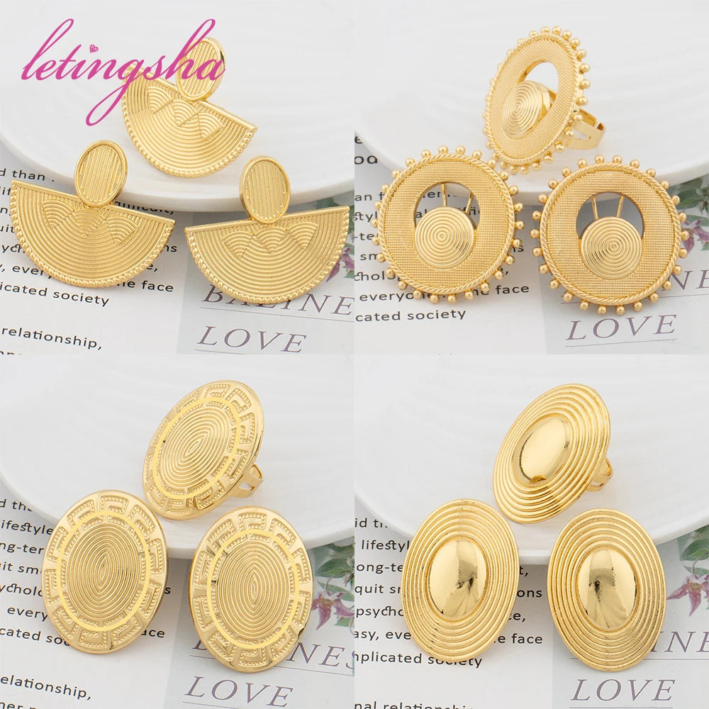 French Fashion New Collecation Jewelry African Gold Color Earrings Rings Sets Dubai Classic Women's Necklace Earrings Set Party