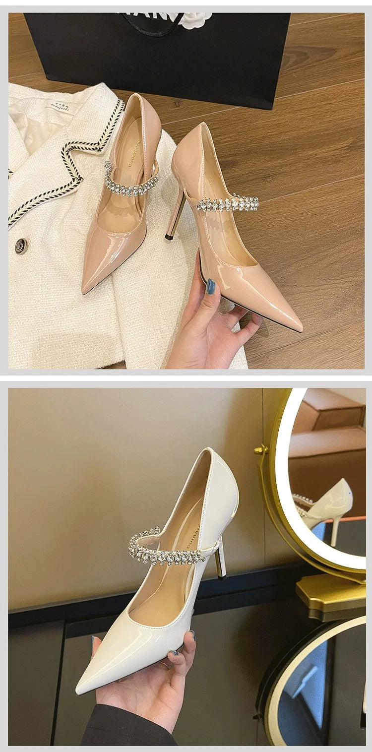 Spring 2025 New French Rhinestone Pointed White High Heels Temperament Patent Leather Shoes Women Wedding Pumps