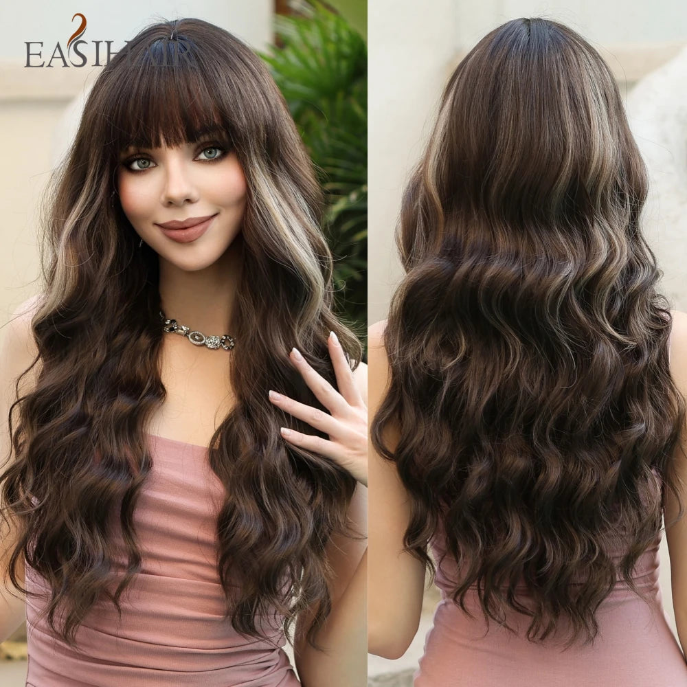 EASIHAIR Dark Brown Long Curly Synthetic Wig with Bangs Brown Women's Wigs for Cosplay Daily Use Heat Resistant Natural Hair