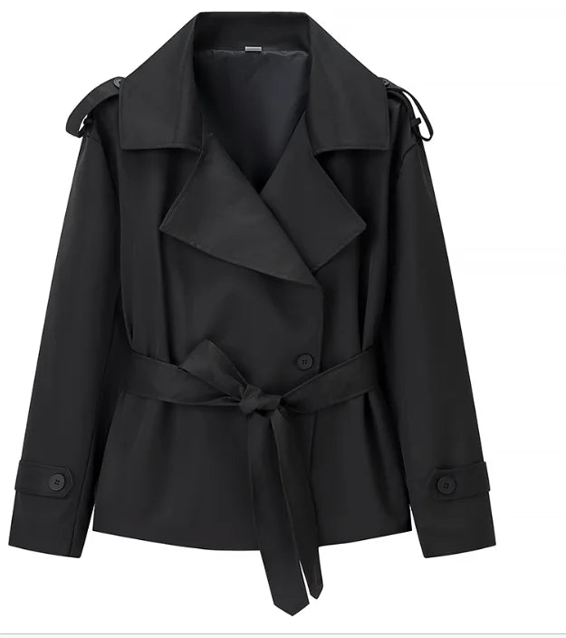 Lace Up Cropped Trench Coat Fashion Women Lapel Long Sleeves Wide Shoulder Windbreaker Jacket Lady 2026 Spring Commuting Outwear