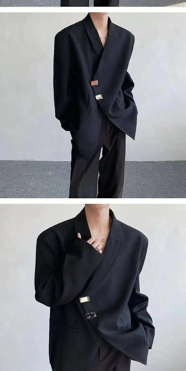 IEFB Metal Button Design Men's Blazers Shawl Collar Oblique Placket Design Casual Clothing Solid Color Male Suit Jackets 9W957