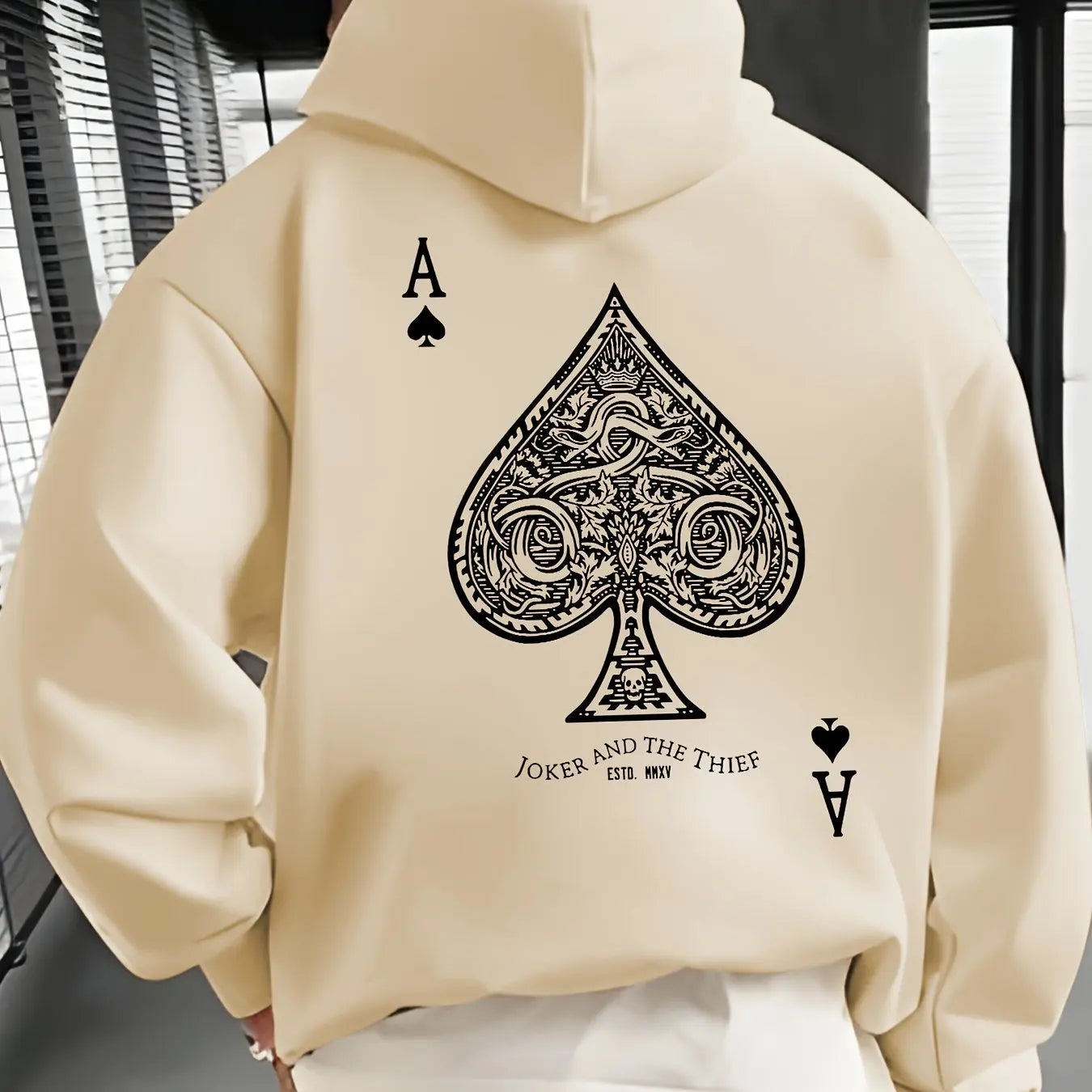 Men's autumn and winter casual fashion loose back poker card A graphic printed long sleeved hooded sweatshirt warm pullover BAZAARHUBO