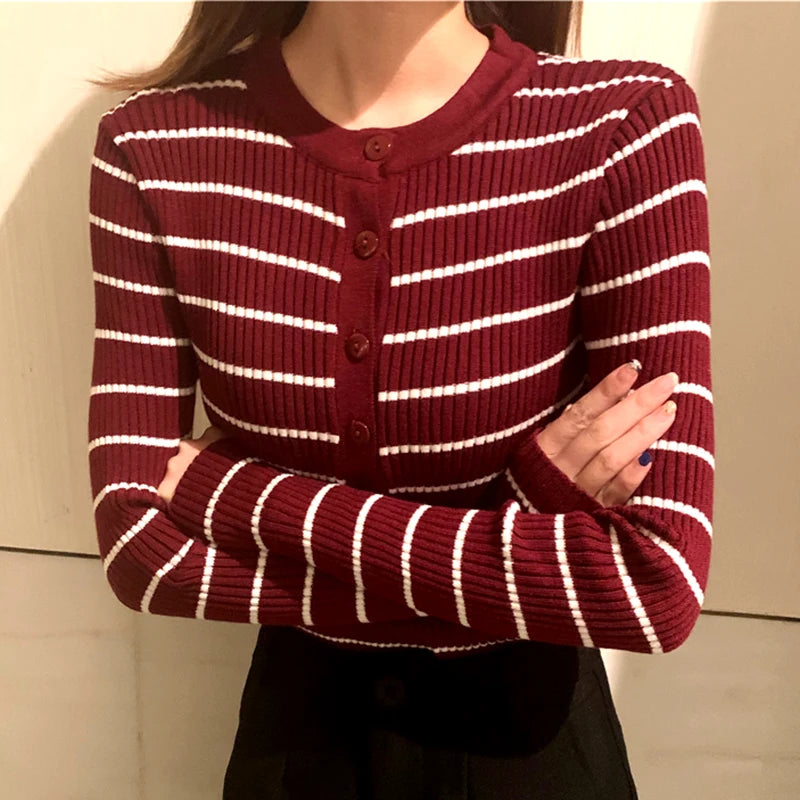 ITOOLIN Women Stripes O-neck Buttoned Up Sweaters Long Sleeve Knitted Sweater Slim Women Jumpers Tops Autumn Winter One Size