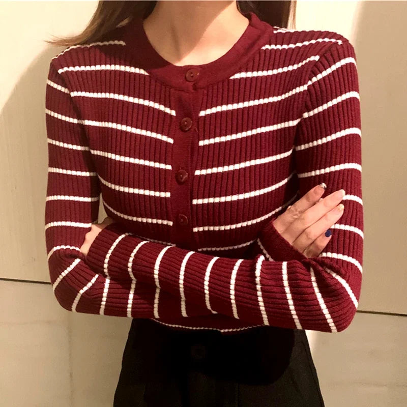 ITOOLIN Women Stripes O-neck Buttoned Up Sweaters Long Sleeve Knitted Sweater Slim Women Jumpers Tops Autumn Winter One Size