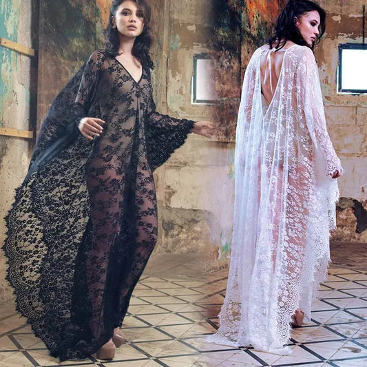 Sexy Lace Beach Bikini Cover Up Robe Pareo Beachwear Swimwear Women Dress Black White Swimsuit Hollow Out See-through Vacation