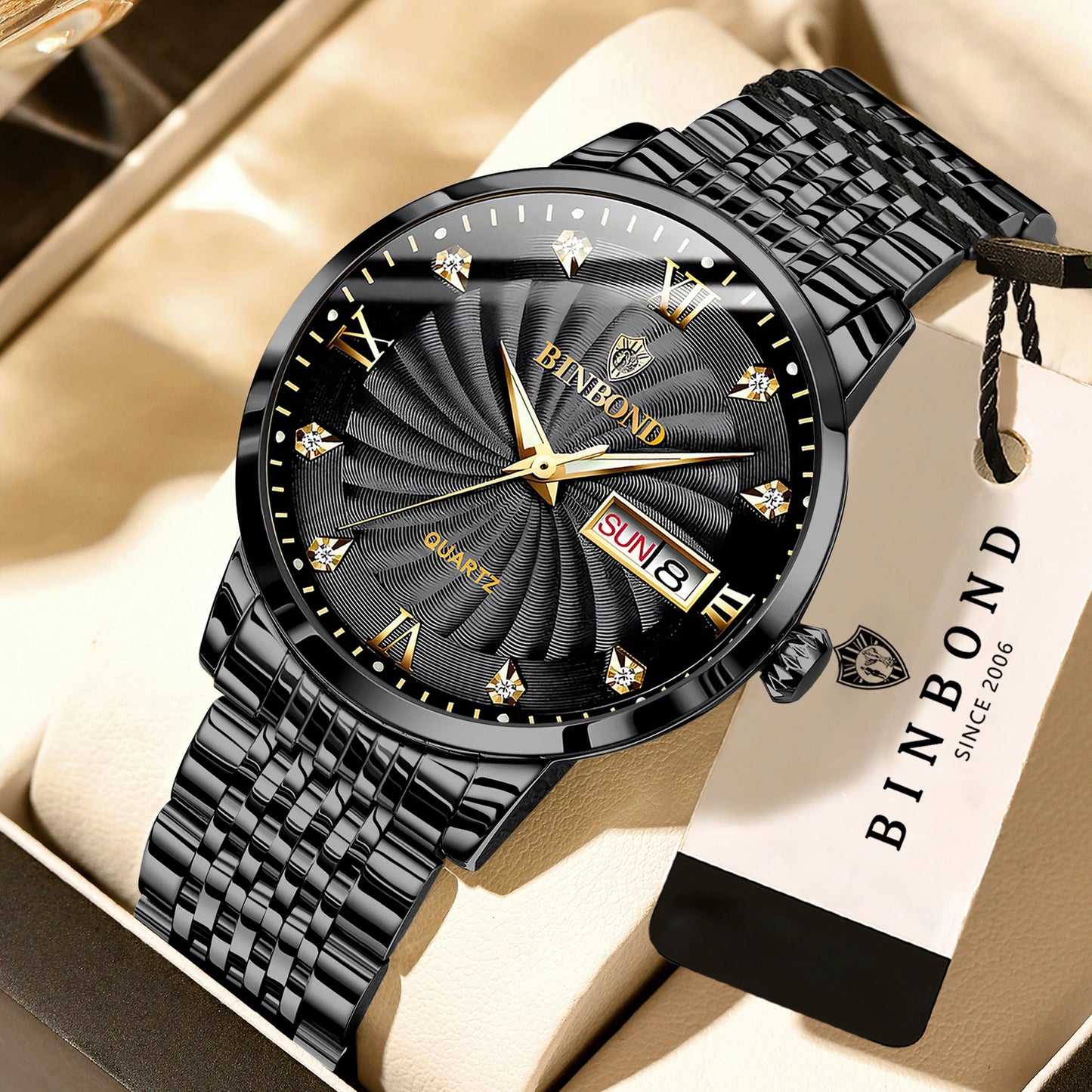 BINBOND Quartz Watches for Men Luxury Luminous Waterproof Precise Auto Date Week Display Men's Watch Casual Sturdy Reloj