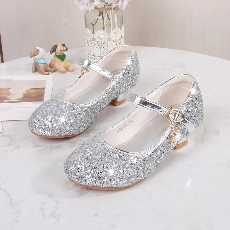 Classic Children High Heels Leather Shoes Fashion Sequins Elegant Kids Girls Wedding Shoes Princess Party Dress Single Shoes