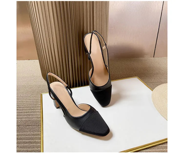 2023Spring Autumn Fashion High Heels Sandals Women's Dress Square Toe Slingback Shoes Women's Color Block Back With Flat Sandals