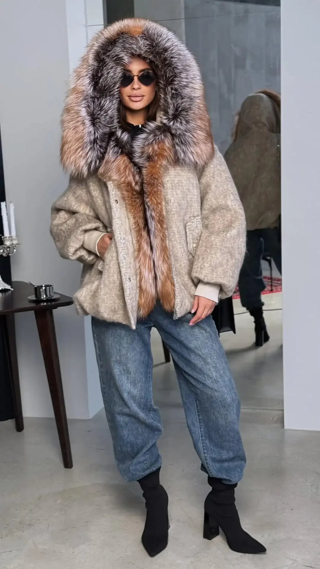 Chic Faux Fur Collar Patchwork Woolen Coat Women Casual Lapel Full Sleeve Zipper Loose Warm Coats Lady Commute Office Outerwears