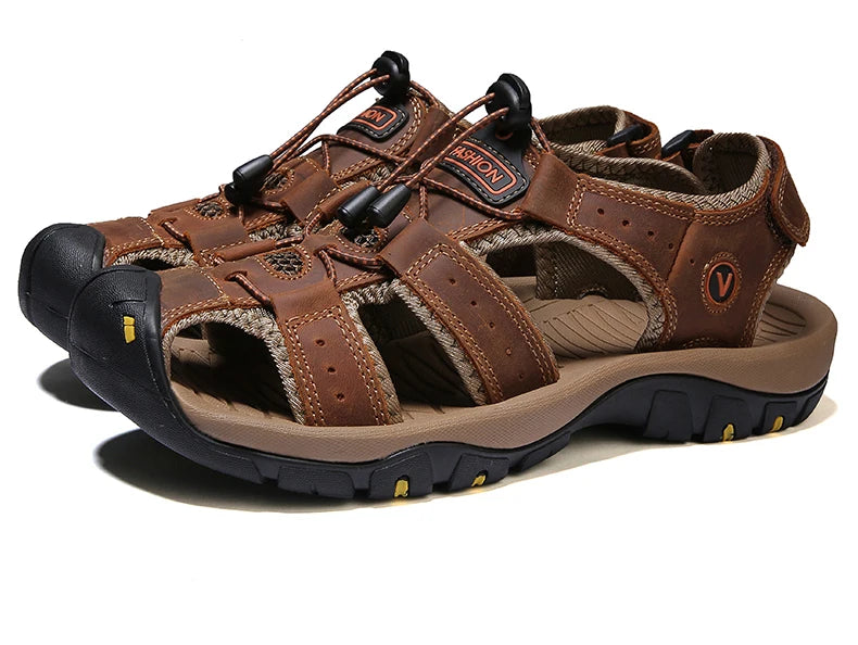 Men Sandals Summer Genuine Leather Mens Casual Shoes Outdoor Leather Sandals for Men Beach Shoes Roman Shoes Rubber Water Shoes