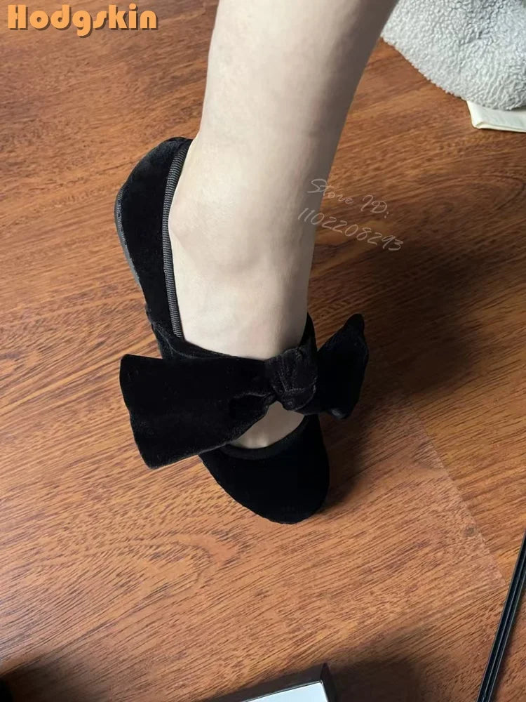 Velvet Bow Flat with Shoes Retro Round Toe Shallow Lace-up Mary Janes Butterfly-knot Daily Shoes Korean Style Design 2025 Women