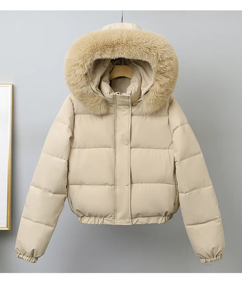 Short Coats Women Parkas Hooded Fur Collar Jackets Thick Warm Y2k Streetwear Elegant Jacket Work Coat Autumn Winter 2025