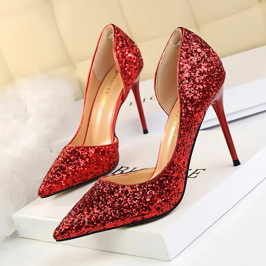 Plus Size 34-43 Women 9.5cm High Heels Stripper  Bling Glod Red Silver Scarpins Pumps Lady Stiletto Wedding Bridal Fetish Shoes