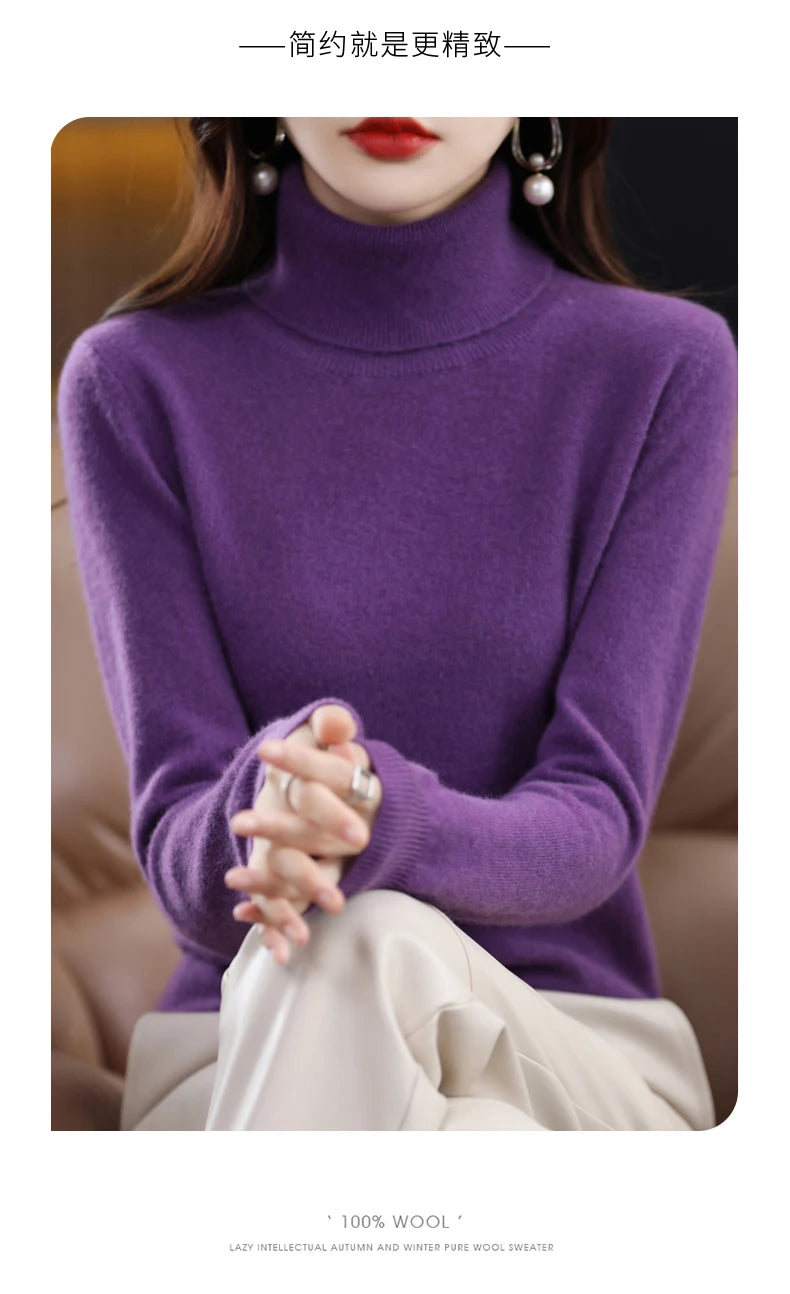 100% Merino Wool High Turnover Collar Knitted Sweater For Women's Autumn And Winter Warm Top Elegant 2YS Versatile Jiu Jia 206