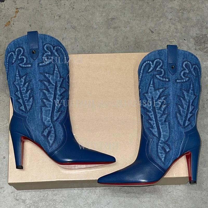 Denim Blue Totem Calf Boots Women Pointed Stilettos Red Heels Winter Zipper Casual Weave Office Lady Luxury Design Graffiti Shoe