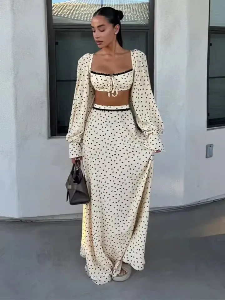 Elegant Female 2 Piece Skirt Set Polka Dots Printed Suit Cropped Short Sleeves Square Neck Top Slit High Waist Skirt Vintage Set