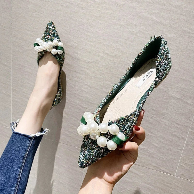 Flat Shoes for Women 2025 Spring Summer New Big Pearls Green White Women Flats Slip on Casual Loafers Zapatillas Mujer 44 45 46
