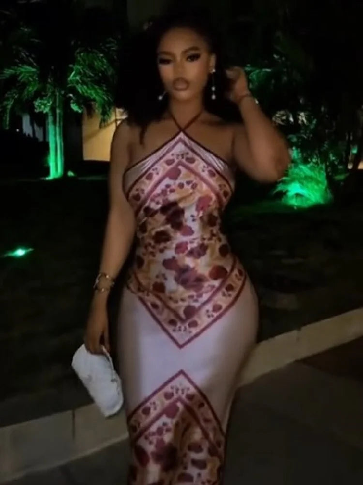 Chic Elegant Satin Dress Floral Print Slim Bodycon Women Dresses Evening Party Wedding Guest Summer Streetwear