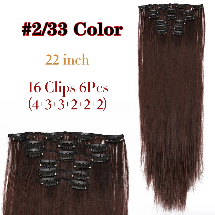 22 Inches Synthetic Long Straight Hairstyle 16 Clips 6Pcs/Set Hair Extensions Blonde Black Hairpieces Heat Resistant For Women