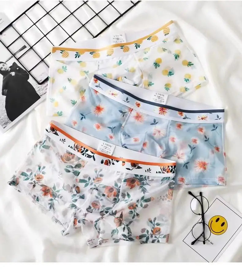 1pcs Sexy Mesh Boxer Men Underwear See Through Transparent Shorts Male Print Panties Plus Size Underpants U Convex Lingerie 6XL