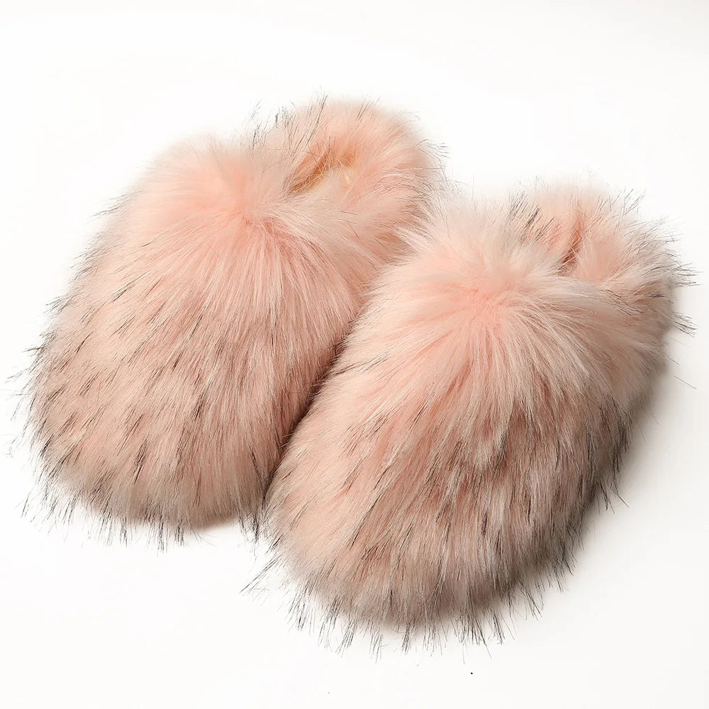 Ladies Winter High Quality Fox Fur Slippers Women Warm Fur Slides Girls Luxury Furry Slippers Soft Comfortable Home Cotton Shoes