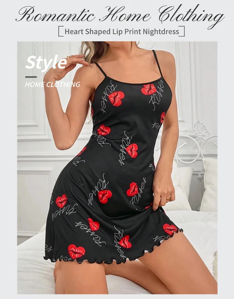 Heart Print Lettuce Trim Slip Nightdress Casual Round Neck Backless Night Dress Women's Sleepwear Home Loungewear Pyjama Femme