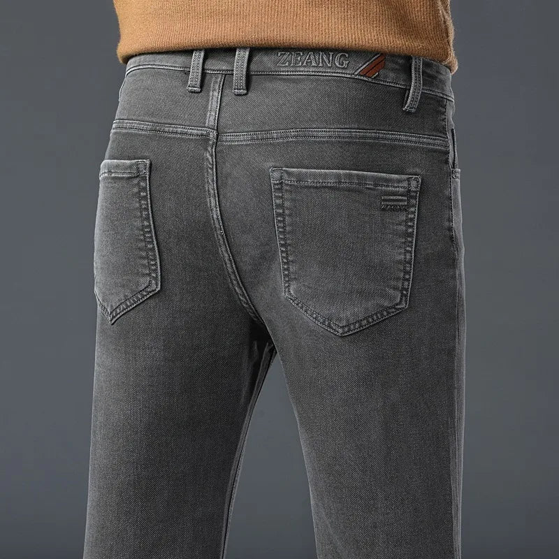 Gray Jeans Men's Fashion Spring Autumn Casual Elastic Trousers Classic Straight Business Work Vintage Washed Denim Pants