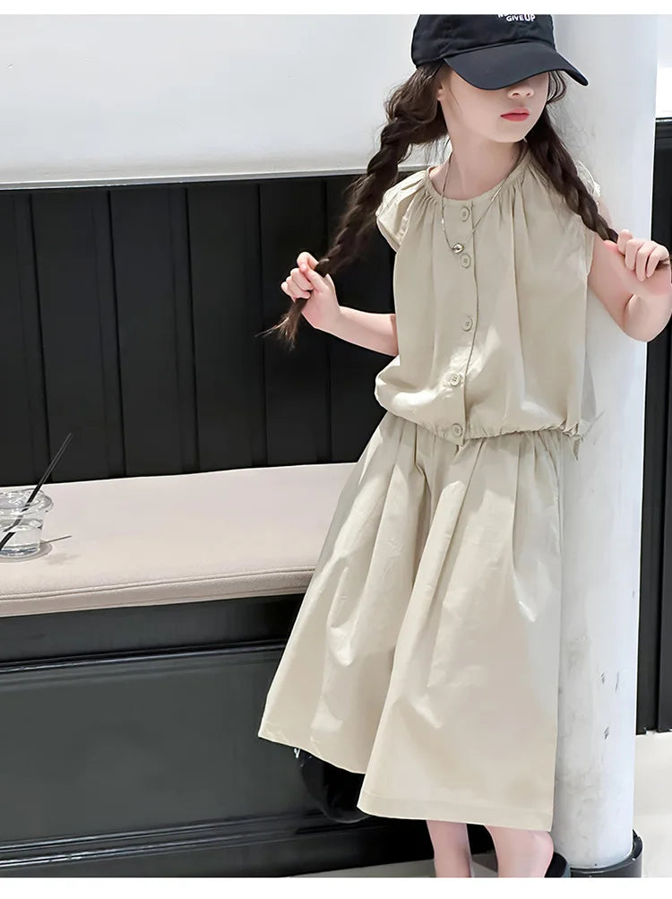 2025 Girls Summer Casual Outfit Big Kids Short Sleeve Top Capris Pants Two Piece Set Matching Big Kids Fashion Suit Holiday Wear