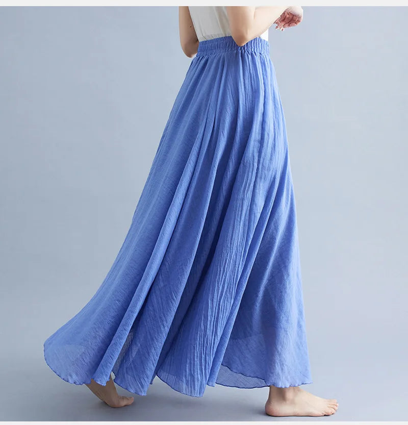 New 2020 Women Linen Cotton Long Elastic Waist Pleated Maxi Skirt Beach Vintage