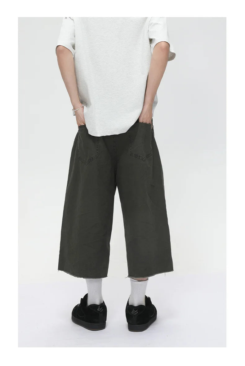 Men's Clothing | Tooling Logging Rough Edge Pure Cotton Loose and Simple Seven-point Denim Casual Pants