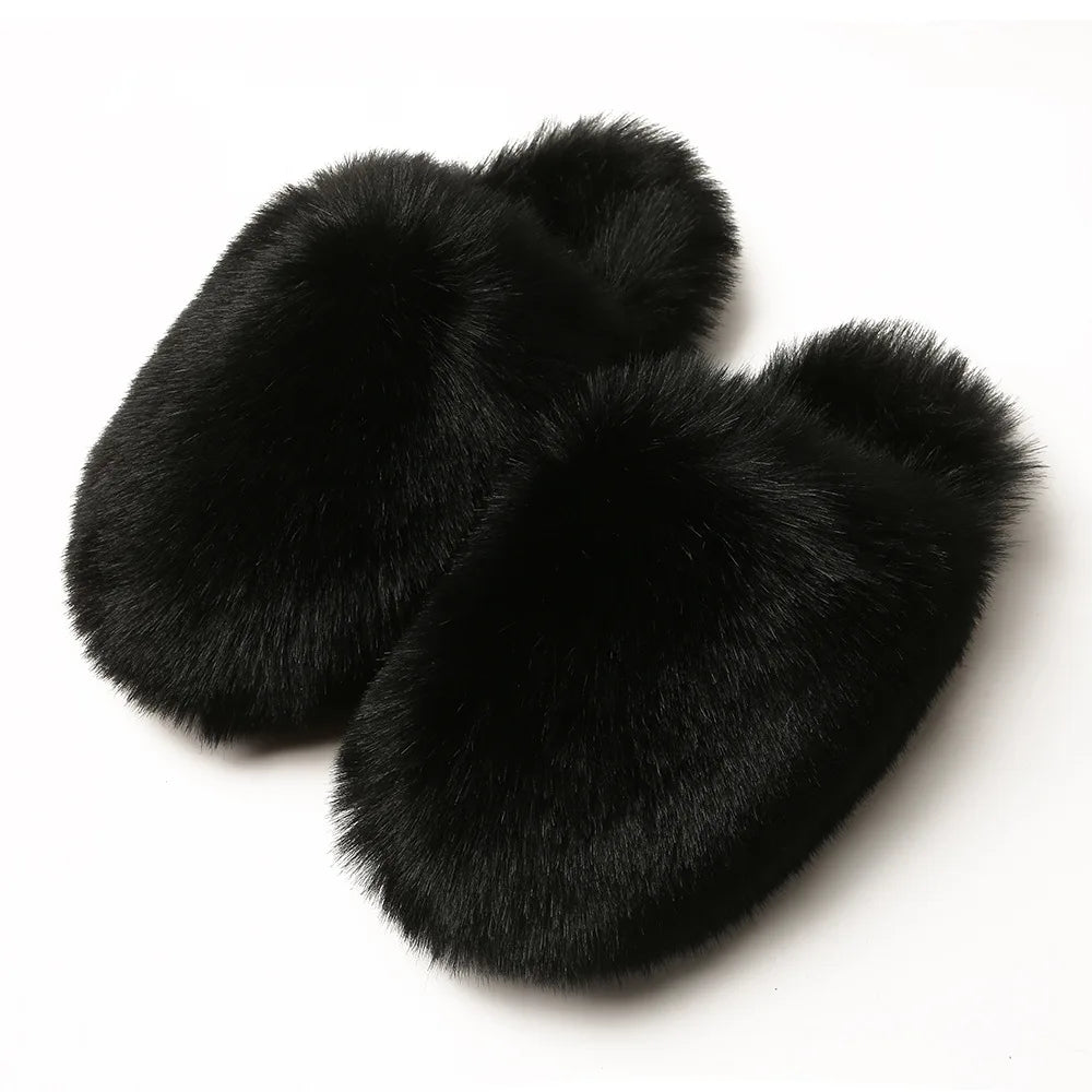 Ladies Winter High Quality Fox Fur Slippers Women Warm Fur Slides Girls Luxury Furry Slippers Soft Comfortable Home Cotton Shoes