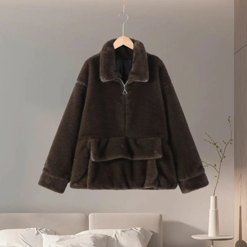 Luxury Faux Fur Hooded Pullovers Women's Loose Full Sleeve Stand Collar Pocket Coats 2025 New Autumn Winter Ladies Solid Outwear