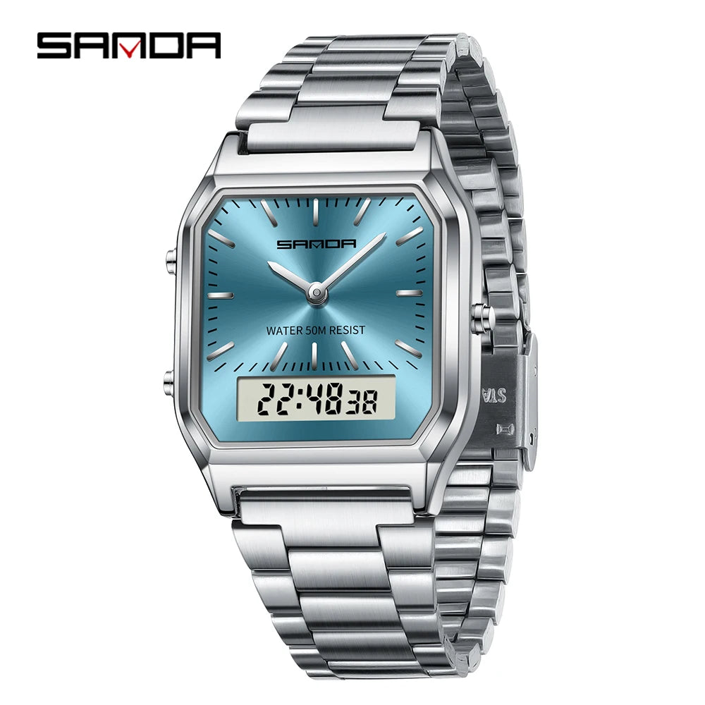 SANDA Men's and Women Watch Fashion Watches Business Style Alarm Clock Man Digital Wristwatch Square Dial Stainless Steel Strap