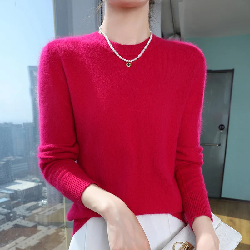 Autumn and winter women's semi high neck pullover sweater solid color knitted slim fit women's 100 mink cashmere sweater new sty