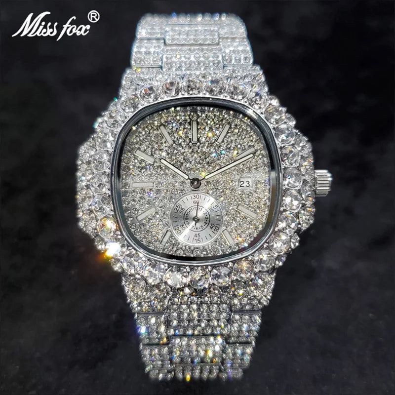 MISSFOX Iced Out Watch For Men Luxury Fashion Gold Quartz Watches Hip Hop High Quality Waterproof  Male Daimond Clock New Gift