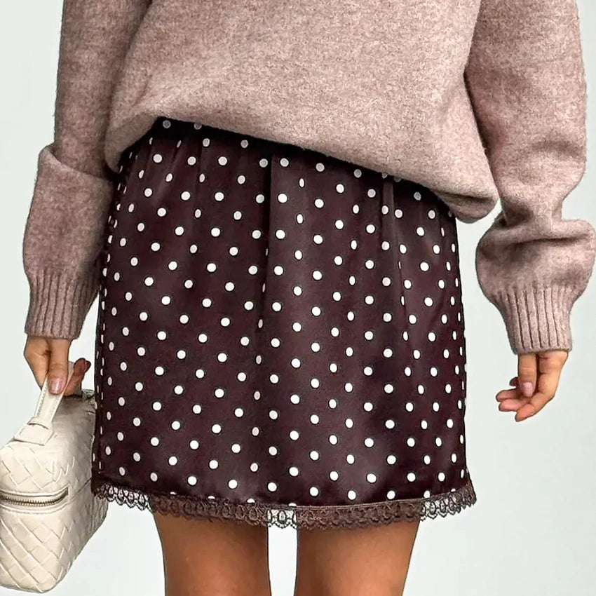 Linad Street Chic Polka Dot Lace Skirts Spriing Vintage Satin Mini Skirt 2026 Fashion High Waist A Line Short Skirts For Woman