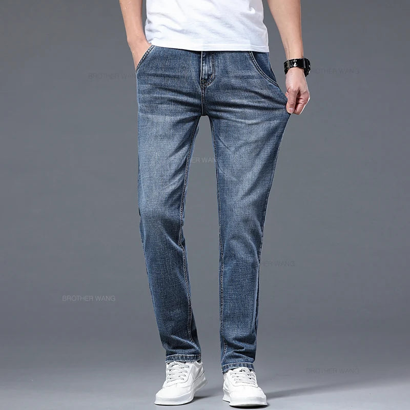 Classic Summer Men's Thin Stretch Fit Jeans Business Casual Slim Fit Denim Pants Soft Fabric High Quality Straight Leg Trousers