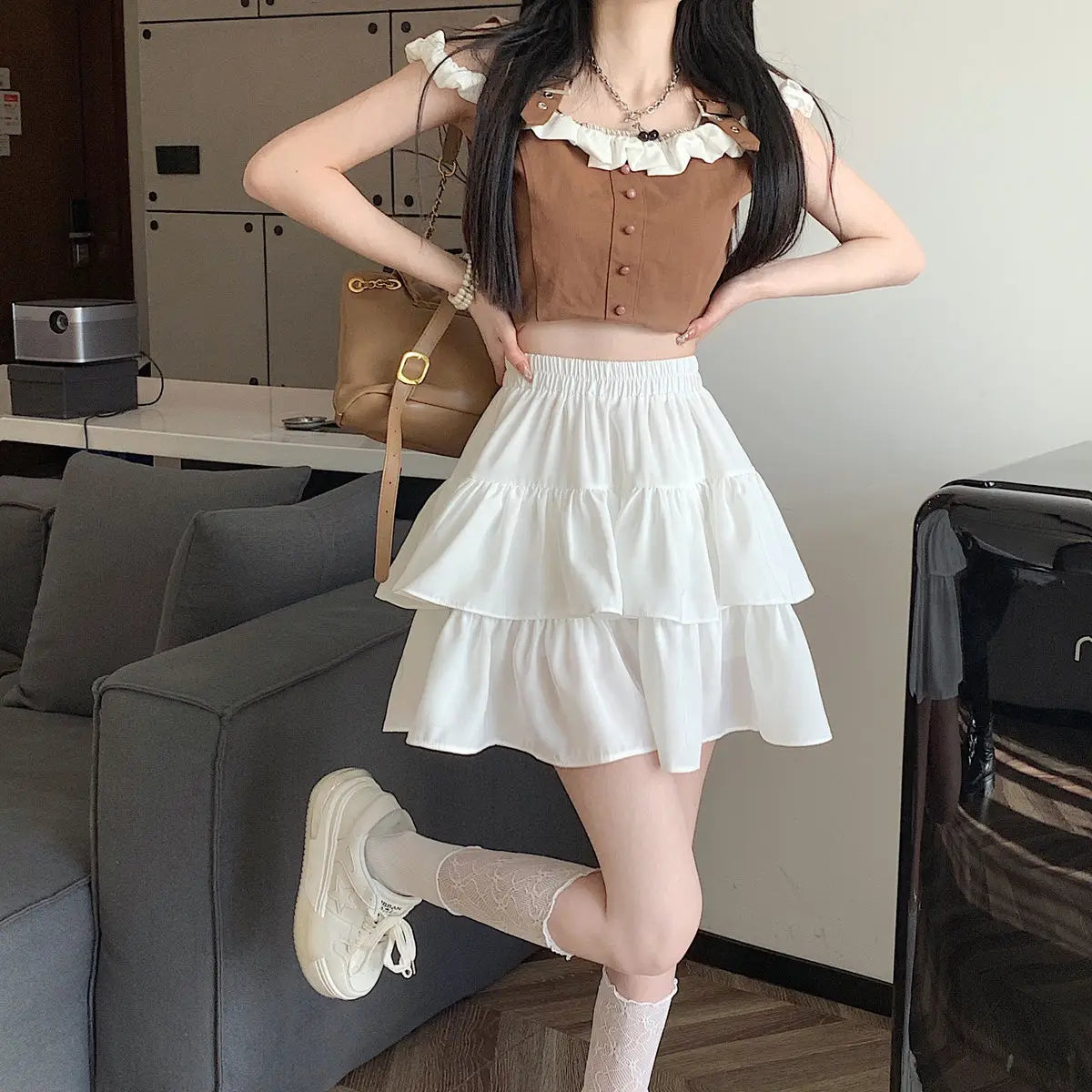 Ruffled Cake Skirts for Women High-waisted A-line Solid All-match Sweet Lovely Girls Korean Style Gentle Spring Kawaii Casual