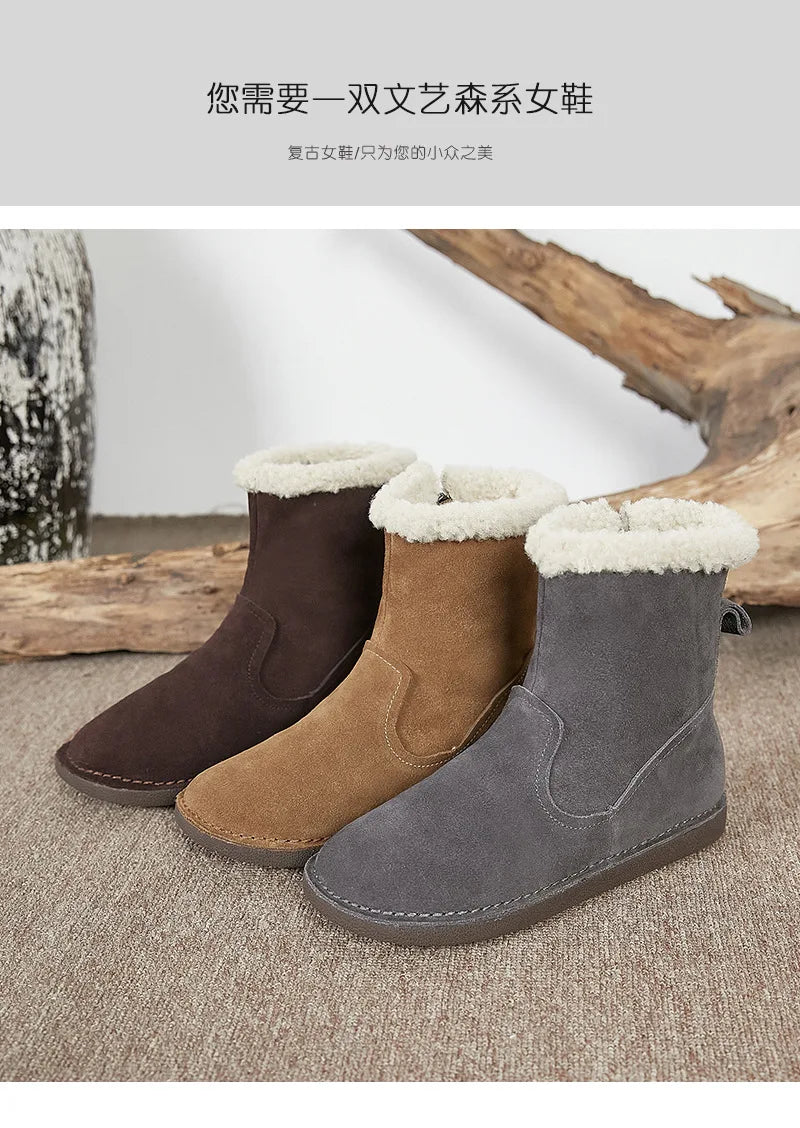 Careaymade-Genuine cow leather Snow cotton round head flats woolen short boots plush warm snow boots Oversized shoes size 35-43